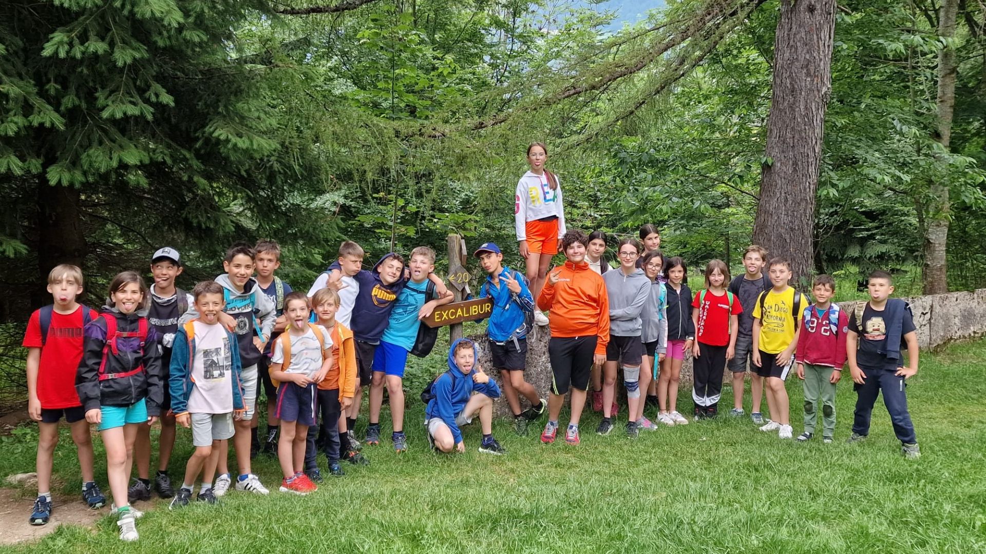 Bambini del camp in fila durante un'escursione nel bosco con gli zaini