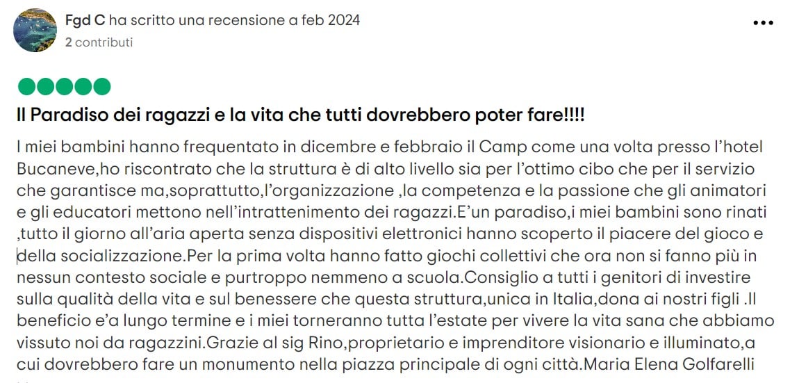 Recensione Facebook di un genitore sul Camp ComeUnaVolta