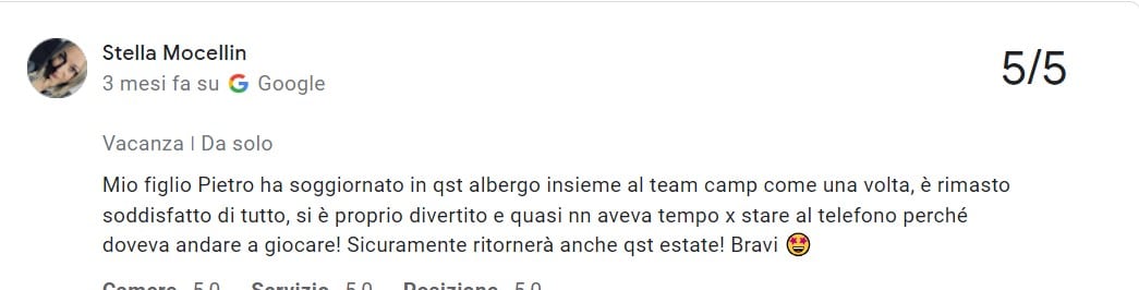 Recensione Google a cinque stelle sul Camp ComeUnaVolta