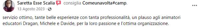 Recensione Facebook di un genitore sul Camp ComeUnaVolta