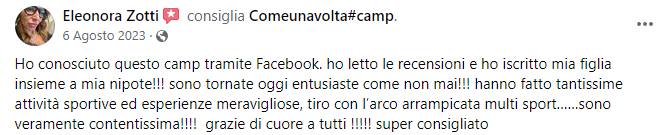 Recensione Facebook di un genitore sul Camp ComeUnaVolta