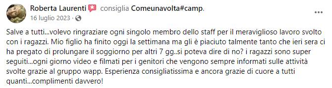 Recensione Facebook di un genitore sul Camp ComeUnaVolta