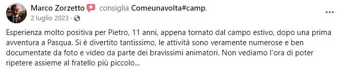 Recensione Facebook di un genitore sul Camp ComeUnaVolta